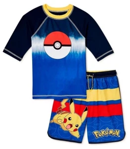 Boys Pokemon Swimsuit Swim Trunks Shorts Rash Guard Swim Shirt Set Pikachu 4-12 - Picture 1 of 5