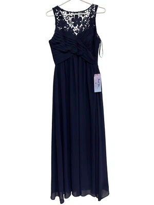 Simply Crochet Lace Chiffon Gown Size M Pleated Navy Blue Bridesmaid Elegant NEW - Image 1 of 4