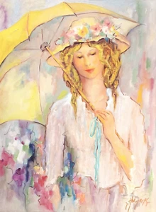 Lge FRENCH SCHOOL MYSTERY ARTIST SIGNED ORIGINAL OIL / CANVAS WOMAN with PARASOL - Picture 1 of 8