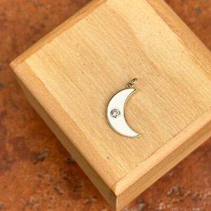 14K Yellow Gold Bezel Diamond White Enamel Crescent Moon Pendant Charm SMALL - Picture 1 of 6