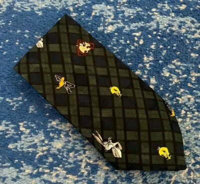 Looney Tunes Mania Black Green Navy Blue Plaid Bugs Daffy Tweety Taz Necktie  - Image 1 of 4