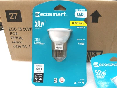4 x Ecosmart 50W Equivalent Bright White (3000K) MR16 LED Flood DIMMABLE 500 Lum - Image 1 of 4