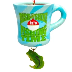 Midwest CBK Fish Ornament Rise & Shine Fishing Time Coffee Cup Blue Green 5" - Picture 1 of 10