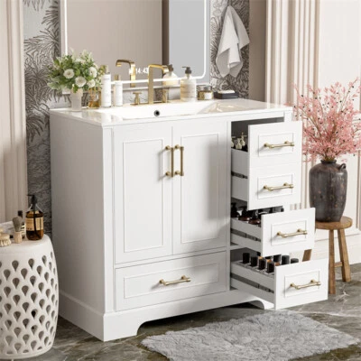 36in Traditional Bathroom Vanity Set w/White Storage Cabinet Vessel Ceramic Sink - Image 1 of 4