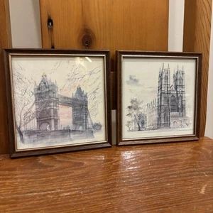 Pair Watercolor Prints 1970s Framed London Westminster Tower Bridge - Mads Stage - Picture 1 of 9