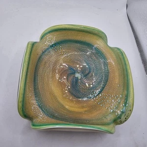 Art Glass Bowl Ashtray Trinket Dish Handblown Green And Gold - Picture 1 of 6