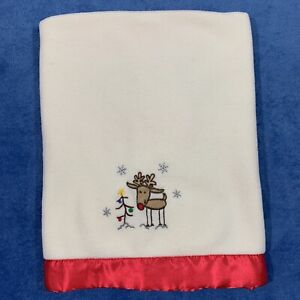 Cutie Pie 30x30” Baby Blanket Christmas Tree Reindeer Cream W Red Satin Edge