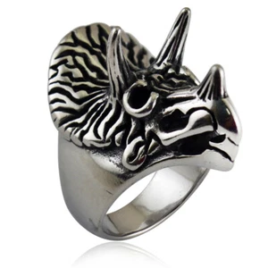 Triceratops Ring Stainless Steel Men's Gothic Horn Dinosaur Cool Biker Punk Ring - Picture 1 of 8