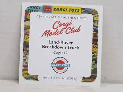 Zertifikat / Certificate of Authenticity Land Rover Breakdown Corgi 417 Re-Issue - Bild 1 von 2