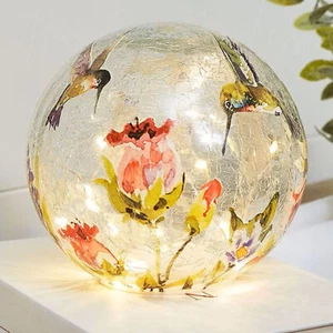 LED Lighted Hummingbird Floral Crackle Glass Globe Ball Lamp Tabletop Home Decor - Picture 1 of 6