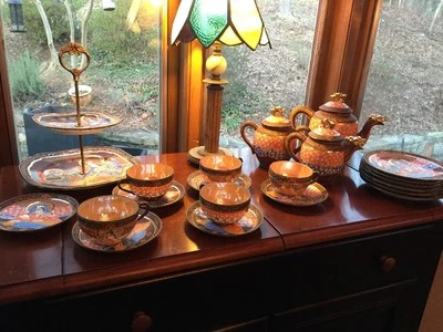 Japanese Kutani Dragon Satsuma Tea Set Moriage Immortals Gold Gilted W/ Tray - Image 1 of 4