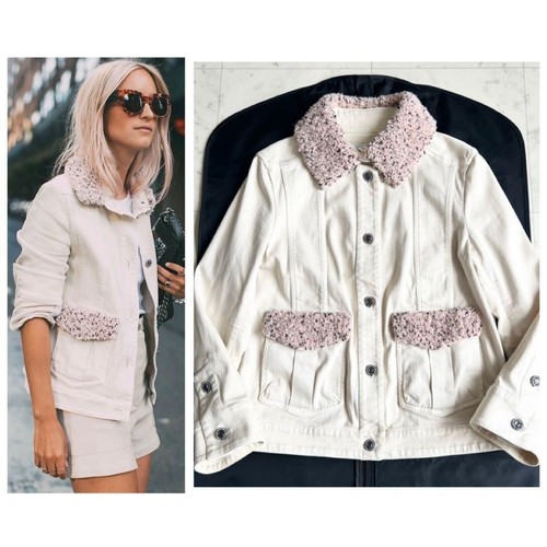 CHANEL Boa Giacca Denim Strass Bottoni Marca Coco Taglia 38 Rosa Avorio 2016