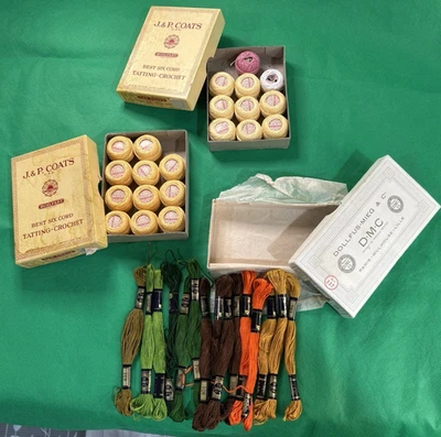 Vintage J&P Tatting Crotchet Threads & DMC Embroidery floss boxes-lot of 3 boxes - Image 1 of 4