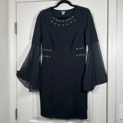 Venus Women's Long Sleeve Black Dress Sheer bell sleeves gold grommet details M - Image 1 of 4