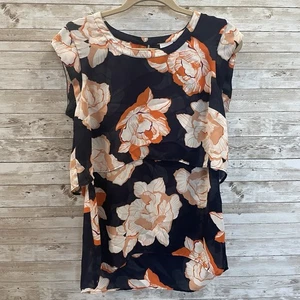CAbi Womens S Blouse #5030 Sleeveless Navy Blue w/ Orange White Floral Layered - Picture 1 of 10