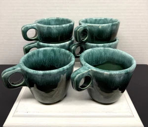Set of 6 Vintage Oven Proof Dark Green Cup Turquoise Glaze O Handle Coffee Mug - Picture 1 of 8