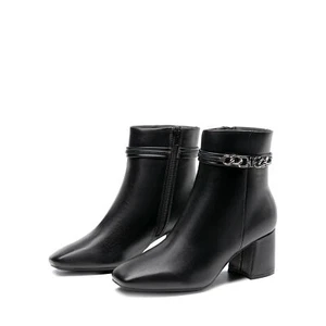 Women's Stylish Ankle Boots Chain Decoration Side Zipper Squared Toe Chunky Heel - Picture 1 of 8