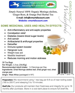 30 bolsas de té de hierbas Moringa oleifera, raíz de jengibre y cáscara de naranja - Imagen 1 de 1