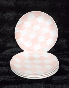 4 Pastel Pink White Checkered Melamine Appetizer Plates Rosy Check MacK Inspired - Picture 1 of 6