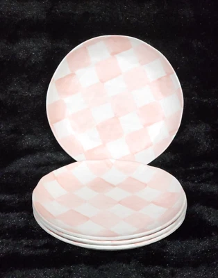 4 Pastel Pink White Checkered Melamine Appetizer Plates Rosy Check MacK Inspired - Image 1 of 4