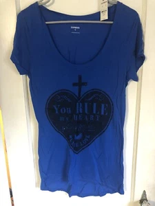 NWT- Express Womens Bright Blue Graphic Tee - Medium - You Rule My Heart - Picture 1 of 5