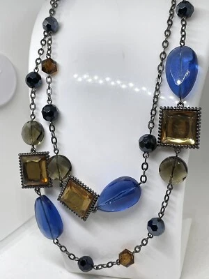 Gun Metal Gray Chunky Blue, Amber, Smokey Acrylic Beaded Necklace By Lia Sophia - Image 1 of 4