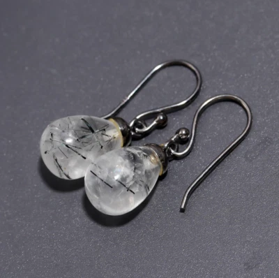 Black Rutile Teardrop Dangle Earrings Solid Silver Black Oxidized Chakra Jewelry - Image 1 of 4