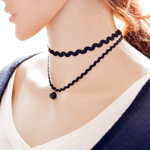 Black Suede Lace Choker Necklace With Rhinestone Pearl Shaped Pendant Charm - Picture 1 of 3