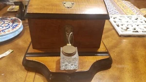 Antique Wood Ink Stand and letter holder with depressed Glass and brass lid jar - Picture 1 of 12
