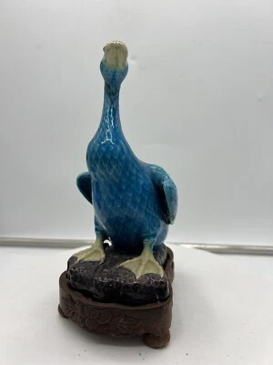 Figura Estatua Pato Turquesa Porcelana Exportación China De Colección Base Madera Dañada Foto 1 de 4