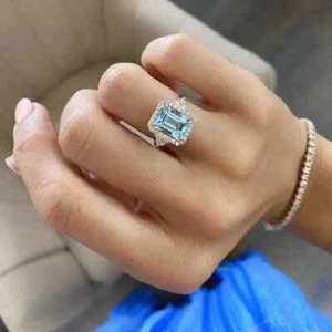 Natural Aquamarine 14K Rose Gold Plated Silver Art Deco Engagement Ring For Her - Picture 1 of 3
