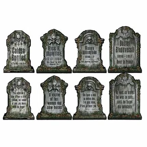 38CM GRAVE TOMBSTONE CUTOUTS - 4 DOUBLE SIDED - HALLOWEEN PARTY DECORATION - Picture 1 of 1