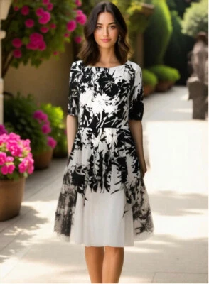 Vestido para mujer Marc Bouwer talla mediana blanco negro floral plisado línea A elegante hada Foto 1 de 4