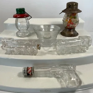 6 Figural Candy Container Glass Bottles Toys Gun Hat Train Lanterns Whistle Vtg - Picture 1 of 20