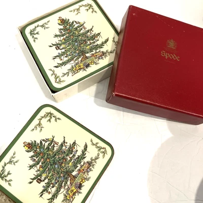 Spode Christmas Tree Coasters  Acrylic Cork 4" England  in Original box - Image 1 of 4