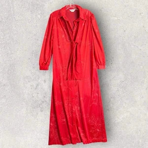 Vintage Kayser Womens Long Nylon Nightgown Size Medium Red Floral Button Up USA - Picture 1 of 13