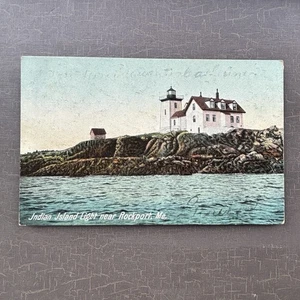 LIGHTHOUSE POSTCARD Indian Island Light Near Rockport, Maine Hugh C Leighton - Picture 1 of 4
