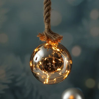 LED Glaskugel Deko Kugel Juteseil beleuchtet Timer Rauchglas D: 20cm Weihnachten - Bild 1 von 4