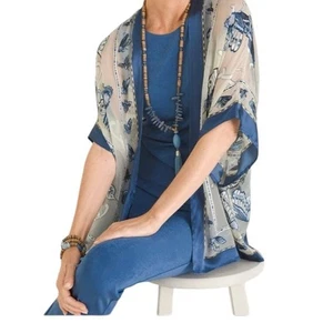 Chicos Travelers Silk Blend Butterfly Print Sheer Burnout Kimono Swim Cover L/XL - Bild 1 von 9