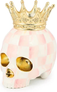 MACKENZIE CHILDS Crowned Skull, Resin Halloween Home, Pink-And-White Rosy Check - Picture 1 of 5