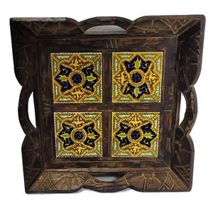 Bandeja Talavera Madera Tallada a Mano Azulejo Vintage Negro Dorado Verde Marrón Mediados de Siglo - Imagen 1 de 8