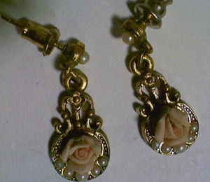 1928 Gold Tone Nickel Free Porcelain Pink Rose Pierced Earrings. Style #24738 - Picture 1 of 3
