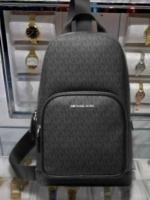 Michael Kors Cooper Men MK Logo Sling Pack Shoulder Crossbody Bag Black - Image 1 of 4