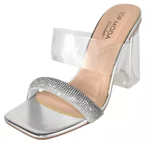 Top MODA Mujeres Transparente Bloque Mula Tacones Altos Correa Brillante Estrás VENECIA1 Plateado - Imagen 1 de 3