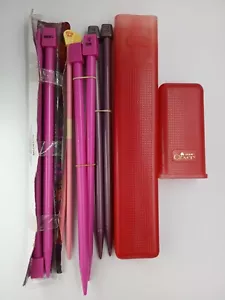  Knitting Needles Pink Purple X 4 Pair And Vintage Red Clover Needle Case - Picture 1 of 3
