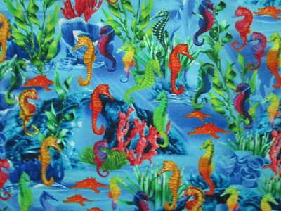 SEAHORSE SEA HORSE REEF TROPICAL COLORFUL SEA LIFE BLUE COTTON FABRIC FQ - Image 1 of 4