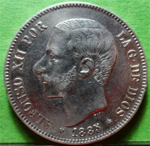 ALFONSO XII, 5 Pesetas, 1885, Stars 18-87 MS-M, Silver - Picture 1 of 2