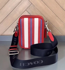 COACH CU108 Stanton Crossbody Bag Stripe Print Coated Canvas & Leather Miami Red - Picture 1 of 19