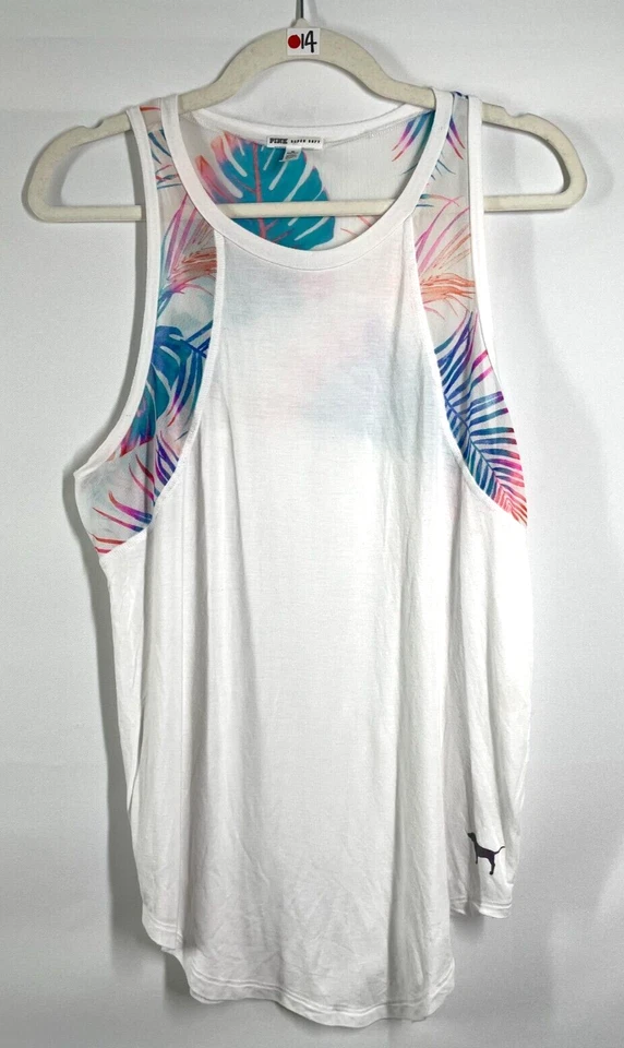 Camiseta sin mangas ROSA súper suave para mujer blanca multicolor malla detalle tropical talla M Foto 1 de 4