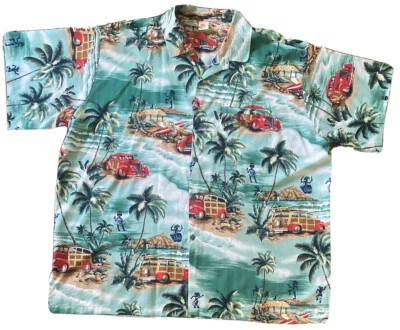 Camisa Hawaiana Rima Palmeras Leñosas Músicos Tablas de Surf Talla 2XL Verde Océano Foto 1 de 4